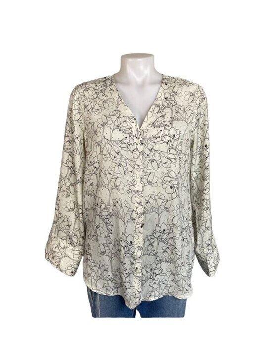 Treasure & Bond Tops - Treasure & Bond Floral Print Button-Up Blouse Long Sleeve White & Black Womens X